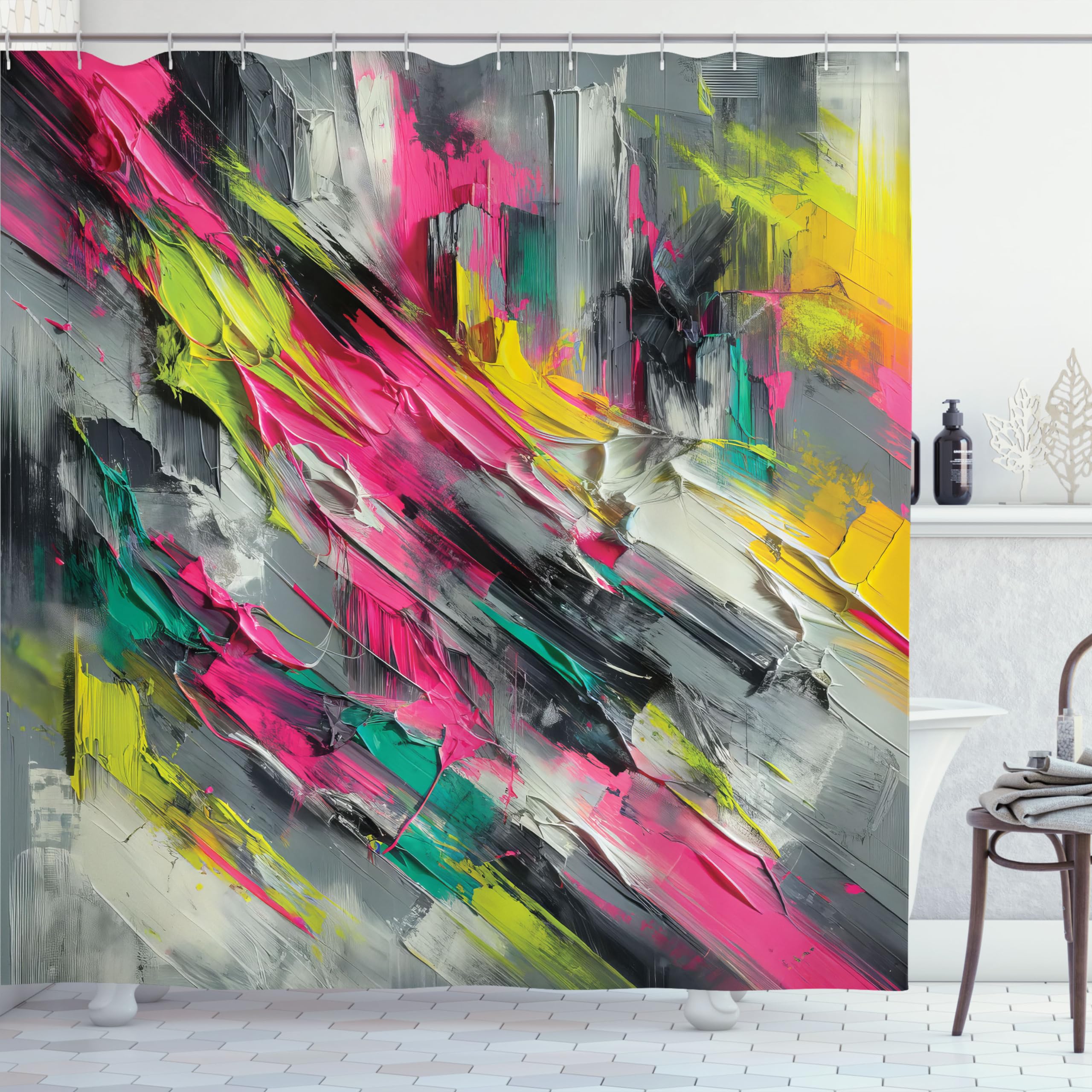 Ambesonne Colorful Shower Curtain, Futurist Painting Theme Abstract Brush Strokes Modern Grunge Details, Cloth Fabric Bathroom D